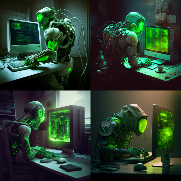 AI-generated image of four automatons with glowing green screen for eyes staring into computer monitors.